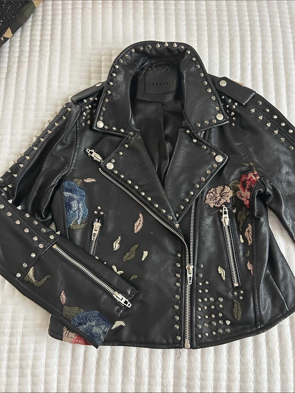Blank NYC Black Studded Leather Moto Jacket with Floral Embroidery